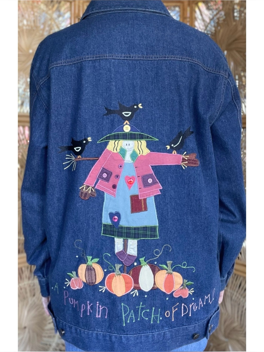 Vintage Quacker Factory Embroidered Denim Halloween Scarecrow Pumpkin Jacket - Picture 4 of 10